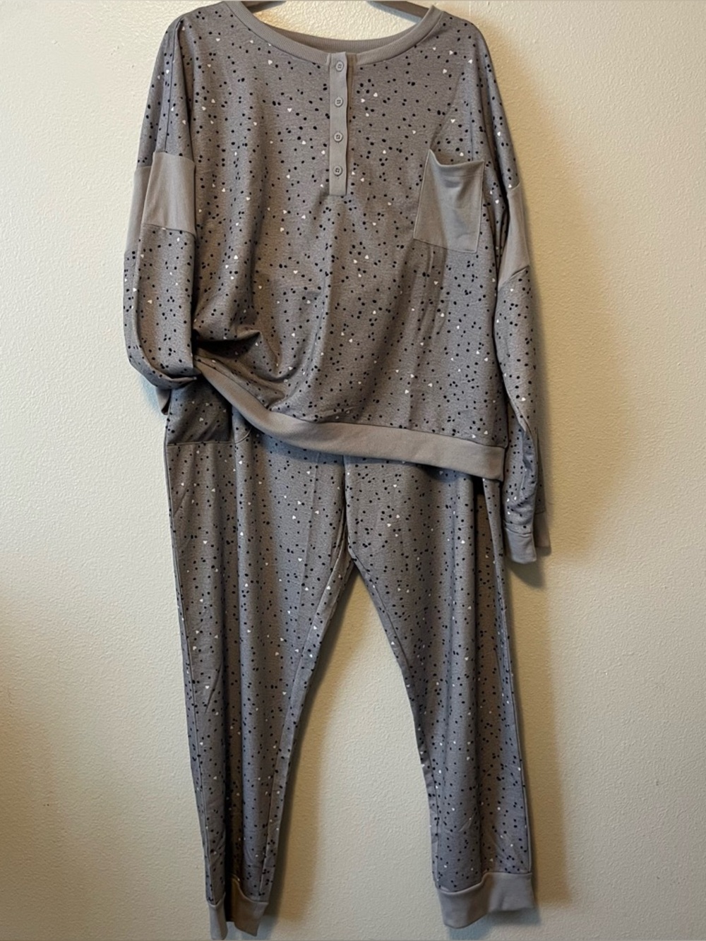 Splendid Heart Lounge Set - 2pc L/S Top & Pant w/pockets Gray White Heart XXL